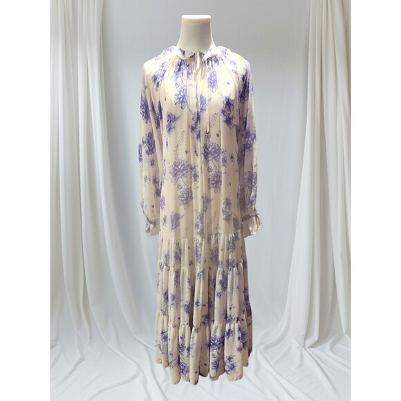 Free People Maxi Dress Feeling Groovy Lavender/Blue Rose Print Chiffon Tiered XS - Picture 1 of 16